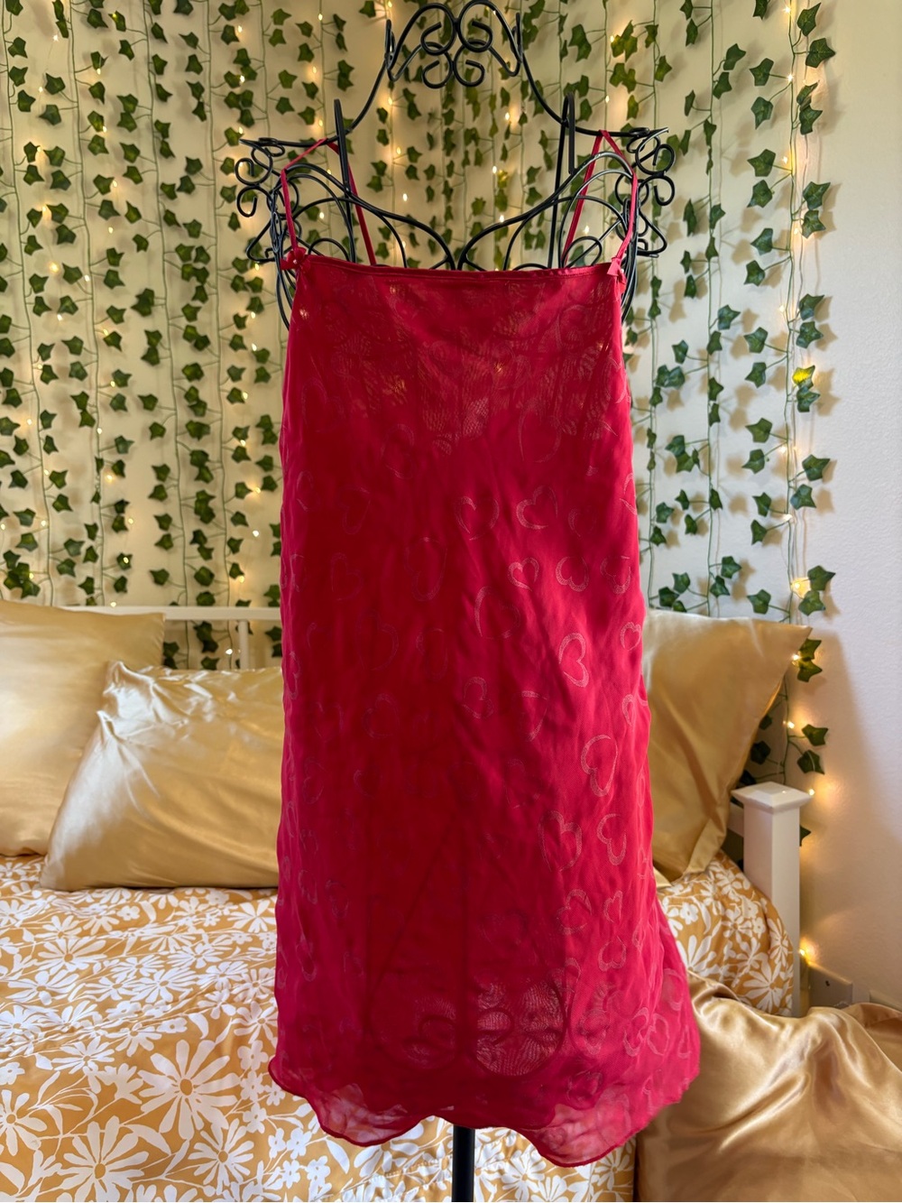 Vintage Gilligan & O'Malley Red Sheer Lace Slip Dress with Bows